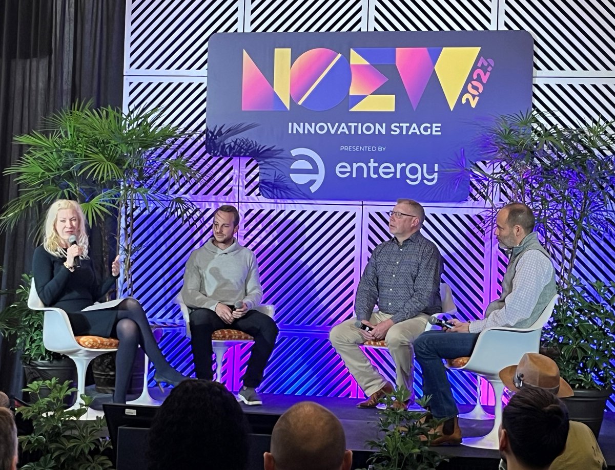 Entergy's tweet photo. We’re proud to promote #innovation as a sponsor of #NOEW23. 

Today’s panels included our own Michael Cross discussing customer centricity &amp; Rick Johnson sharing emerging technologies necessary to deliver a sustainable energy future.

#WePowerLife https://t.co/PG6iM0mSAm