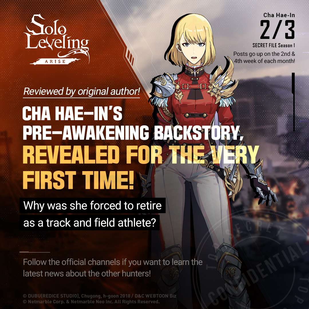 Sololv_ARISE_GL's tweet photo. Hunter Confidential File - Cha Hae-In 🌟
 
Before becoming an S-rank hunter and vice guild master, she was a promising  track and field athlete. Until an injury changed her life forever!

Learn more on our official website 👉 https://t.co/k8LGD9A8JP

#sololevelingARISE #netmarble https://t.co/fjoJi7pxgl