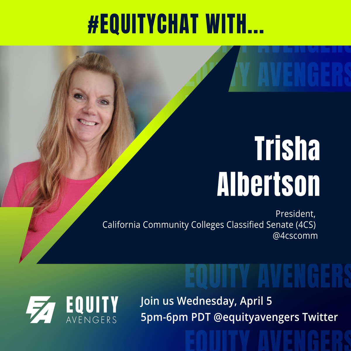 Next week's #EquityChat! We're ringing in #CCMonth with @4cscomm President Trisha Albertson on 4/5! We will be talking about centering #commcollege classified professionals in governance. #NationalCommunityCollegeMonth
@Iamkeithcurry @DrTammeil @DrPamLuster @CollegeFutures