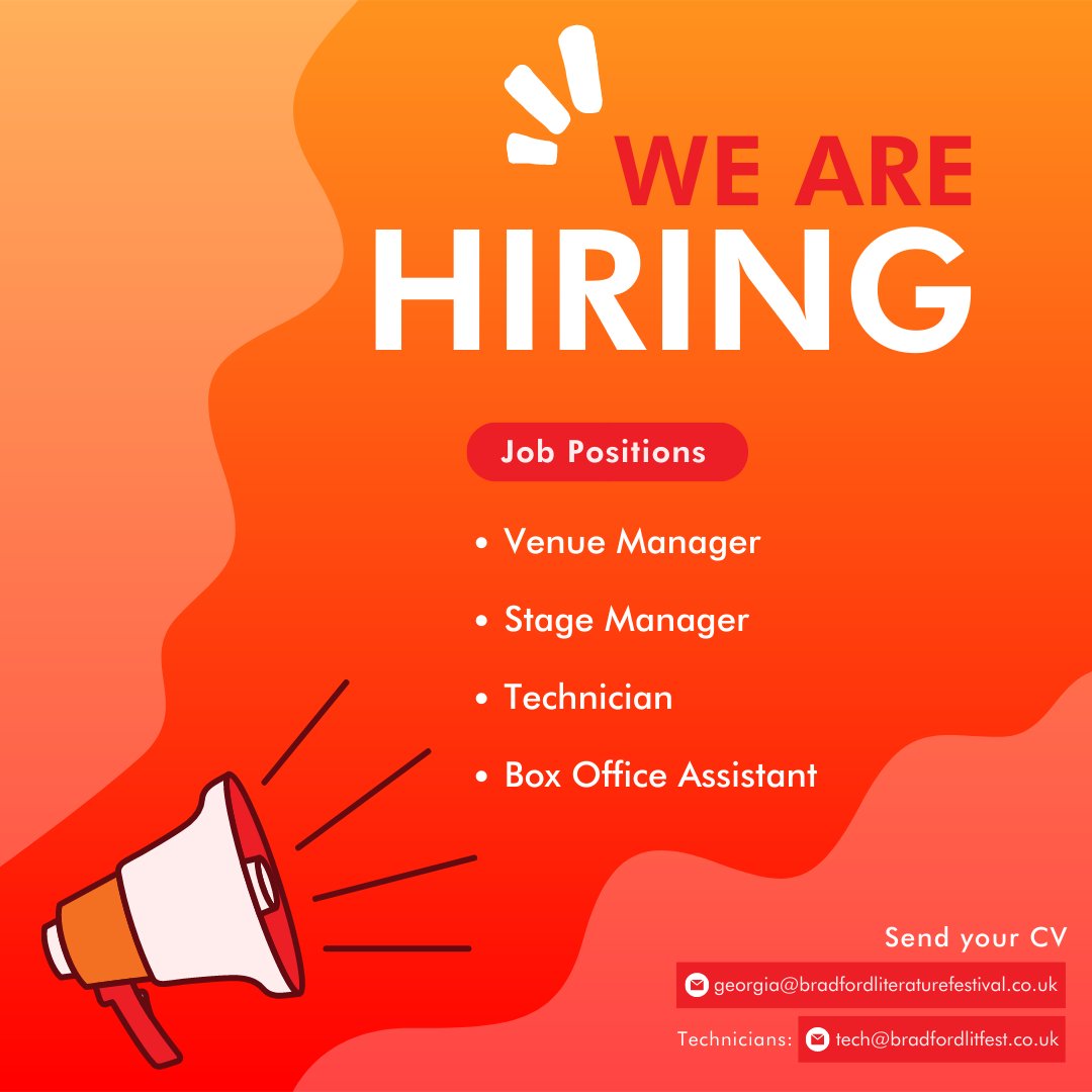 📣 Job alert! Do you have previous event experience and want to join our wonderful team at #BradfordLitFest? We have a handful of roles available throughout our festival period. Email us now to apply!