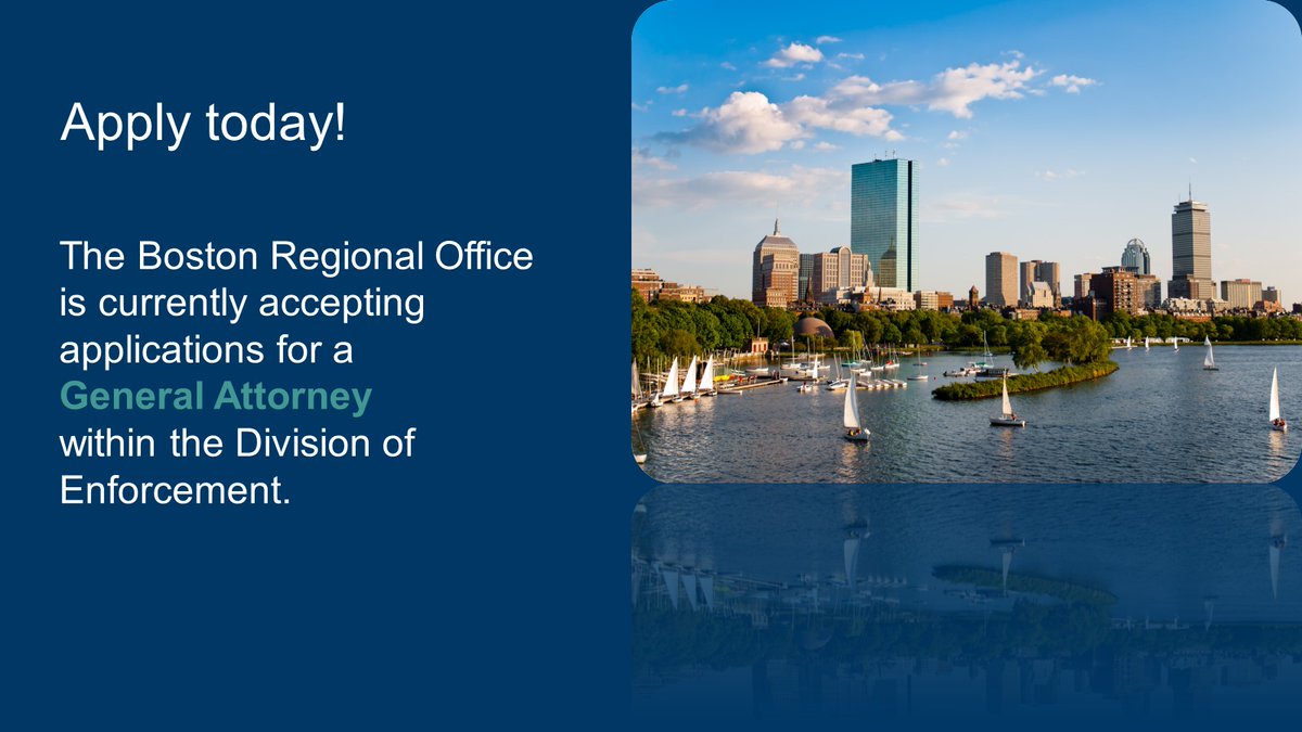 Applications are now being accepted for a General Attorney in the Boston Regional Office, Division of Enforcement.  Deadline to apply is April 12, 2023. ow.ly/A7FF50Nw9hF