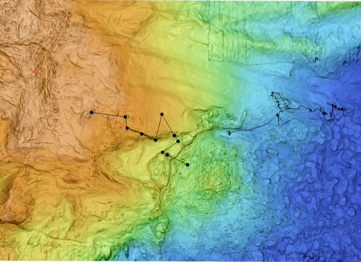We will be back on the seafloor for #LostCityVents expedition ~230pm eastern. A geology transect to understand the complicated stratigraphy here. New waypoints in black dots &amp; previous ROV track to the east where we found vents. Beautiful AUV <a href="/MBARI_News/">MBARI</a> bathymetry is our guide!