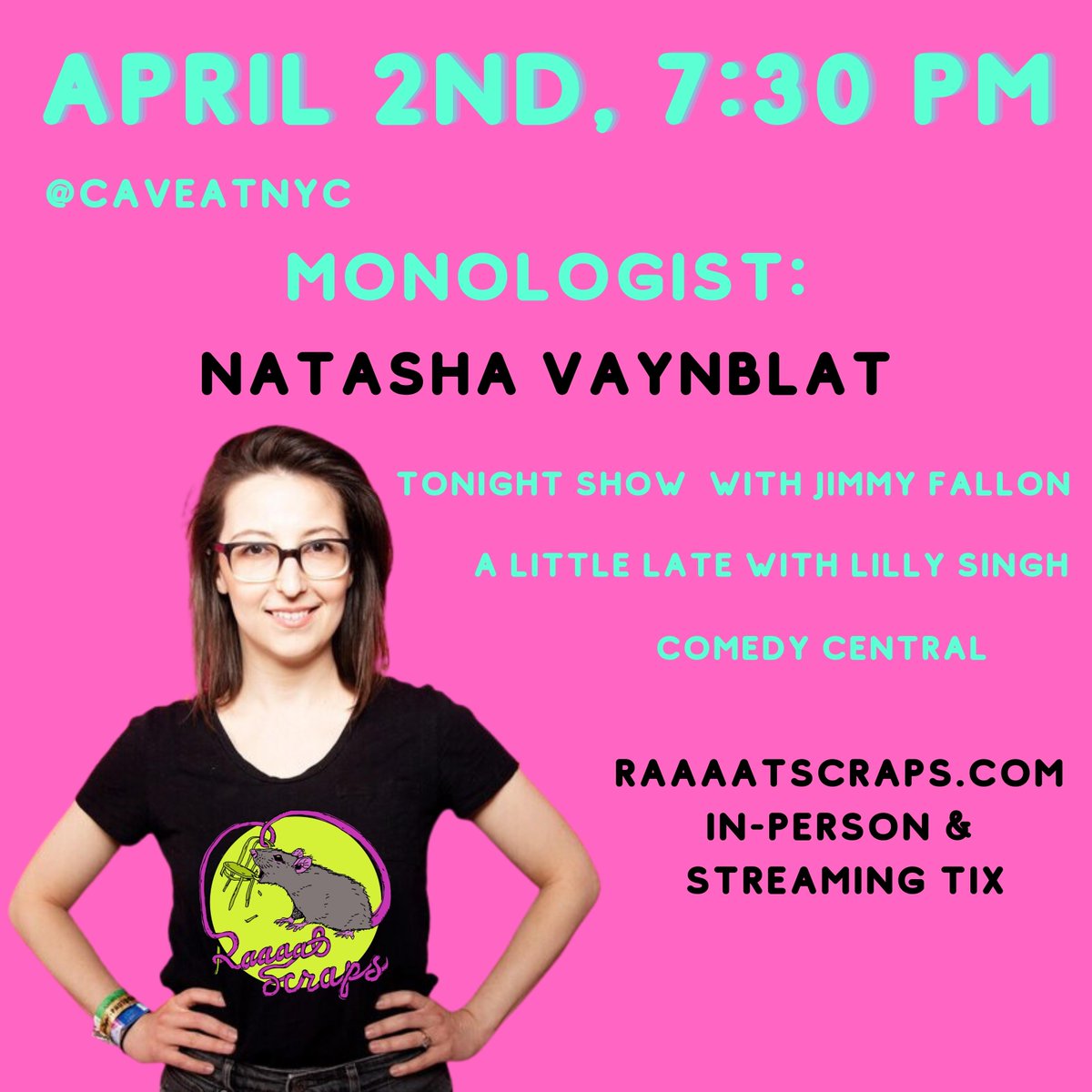 RAAAATSCRAPS's tweet photo. We love Natasha Vaynblat! (@natashavaynblat)
She will be joining us this Sunday as our guest monologist!

A prolific and talented writer and standup and all around force of talent.

Get your tickets!
https://t.co/6IfaCsZBqg
In-Person or streaming! https://t.co/VBU8TmJjck