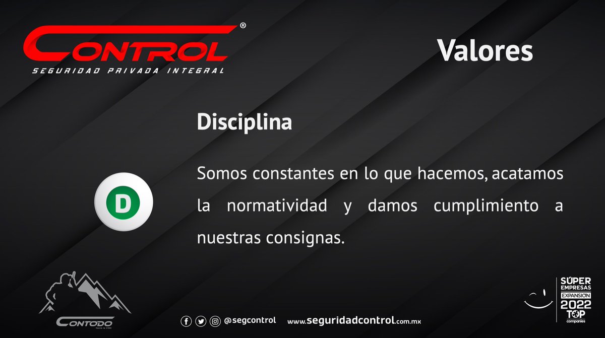 segcontrol's tweet photo. En Control, estamos decididos a llegar a la cima y sabemos que la disciplina es el puente que une nuestras metas con los logros. #ValoresControl #YoSoyControl #SeguridadControl https://t.co/DKHc3kn9TC