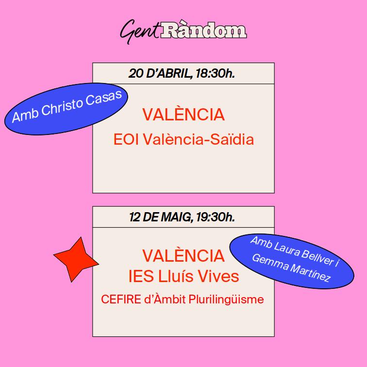 Traieu agendes perquè és primavera i Gent Ràndom ho celebrem amb dues dates🌸EN DIRECTE🌸a VALÈNCIA.

A més, ho farem amb una companyia immillorable: <a href="/christocasas/">Christo Casas 🍉</a>, <a href="/_laureola/">Laura Bellver Gandia</a> i <a href="/GemAiNera/">Gemma Martínez 🇵🇸</a> ❤️‍🔥 

Parlarem de literatura, vida i moooolt més, vos ho perdreu?