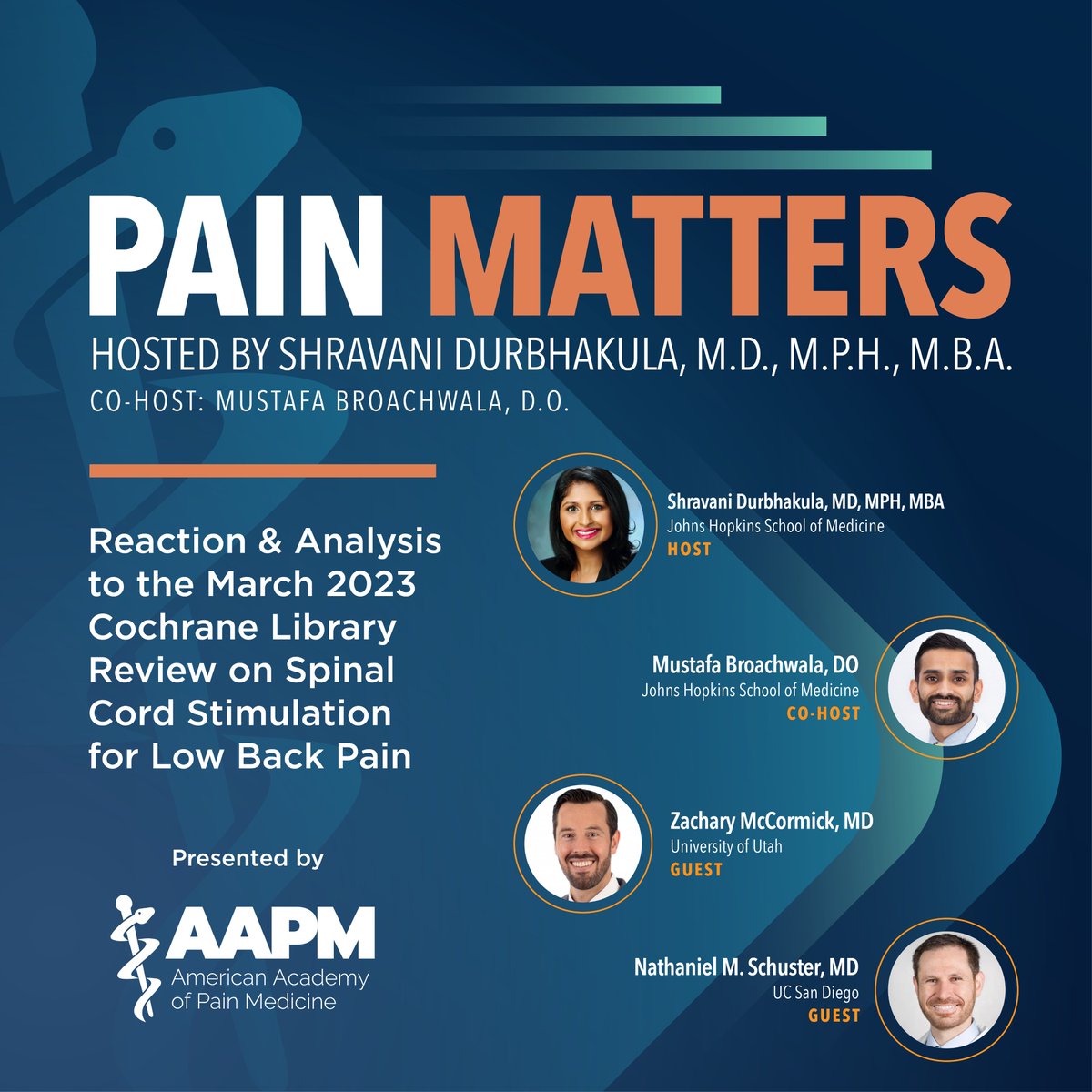 American Academy of Pain Medicine (AAPM) (@ameracadpainmed) on Twitter photo We break down Cochrane Library’s recent article on the effectiveness of Spinal cord Stimulation (SCS) with host <a href="/ShravaniD_MD/">Shravani Durbhakula, MD, MPH, MBA</a>, co-host <a href="/mbroach4/">Mustafa Broachwala</a> and guests <a href="/ZackMcCormickMD/">Zachary McCormick, MD</a>, <a href="/NatSchusterMD/">Nat Schuster</a>, <a href="/VwaireO/">Vwaire Orhurhu</a> & David Caraway, MD, Ph.D.
painmed.org/reaction-analy… We break down Cochrane Library’s recent article on the effectiveness of Spinal cord Stimulation (SCS) with host <a href="/ShravaniD_MD/">Shravani Durbhakula, MD, MPH, MBA</a>, co-host <a href="/mbroach4/">Mustafa Broachwala</a> and guests <a href="/ZackMcCormickMD/">Zachary McCormick, MD</a>, <a href="/NatSchusterMD/">Nat Schuster</a>, <a href="/VwaireO/">Vwaire Orhurhu</a> & David Caraway, MD, Ph.D.
painmed.org/reaction-analy…