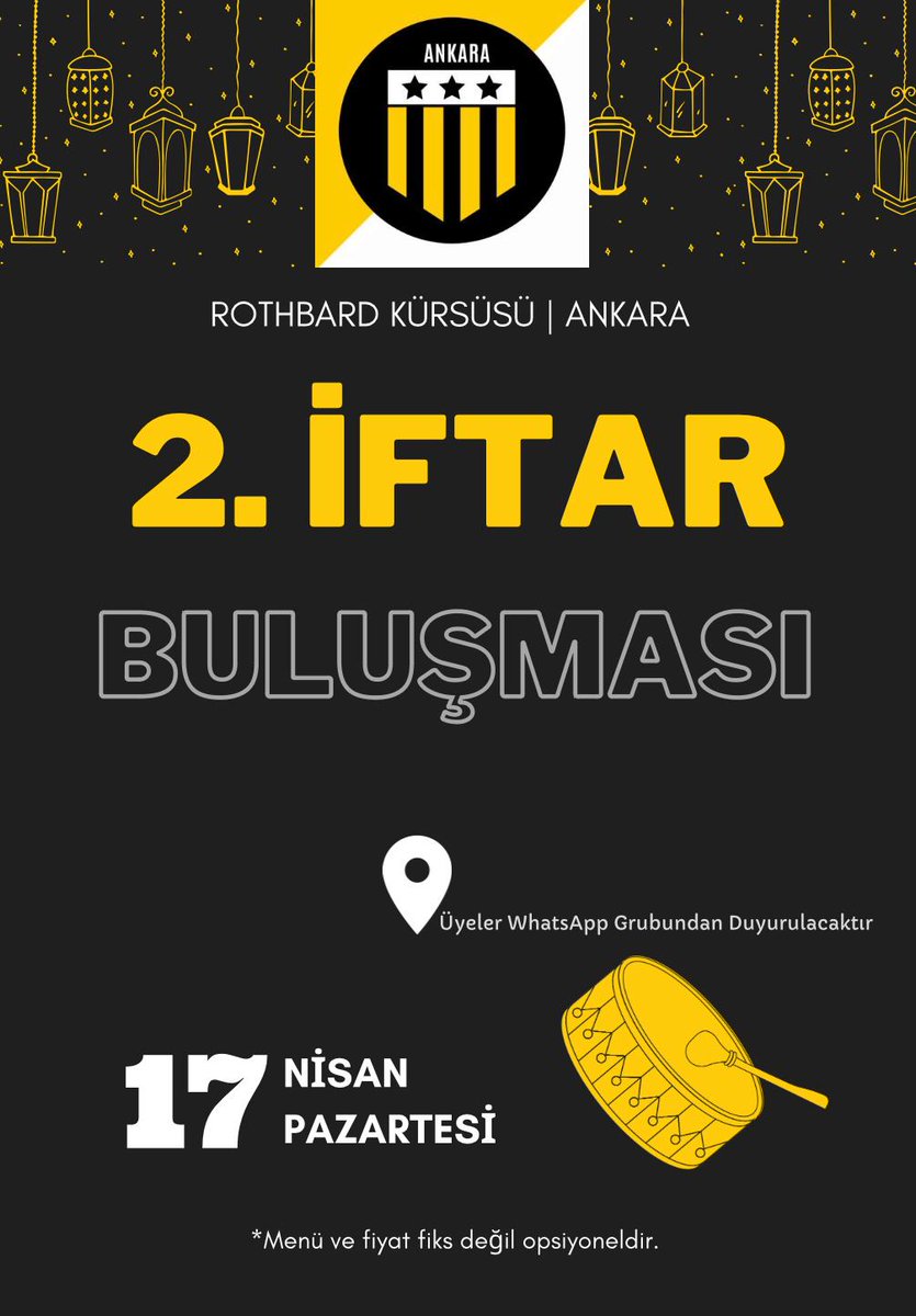 Rothbard Kürsüsü Ankara 2. İftar Buluşmamız 17 Nisan Pazartesi günüdür. 

Konum ve buluşma hakkında detaylı bilgi, Rothbard Kürsüsü üyeleriyle tarihin yaklaşmasıyla birlikte paylaşılacaktır.

Rothbard Kürsüsü üyelik formuna sabit Tweet'ten ulaşabilirsiniz.