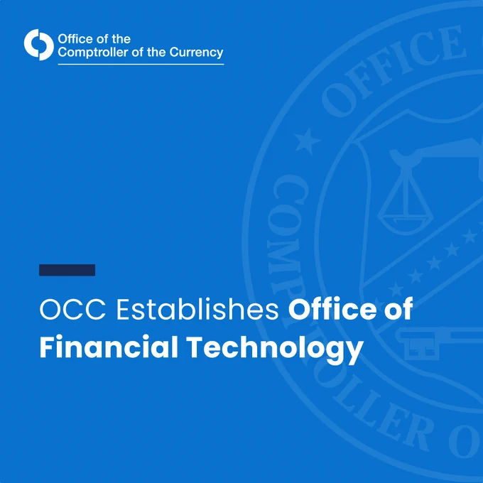 Blue square with OCC logo in the background. OCC Establishes Office of Financial Technology