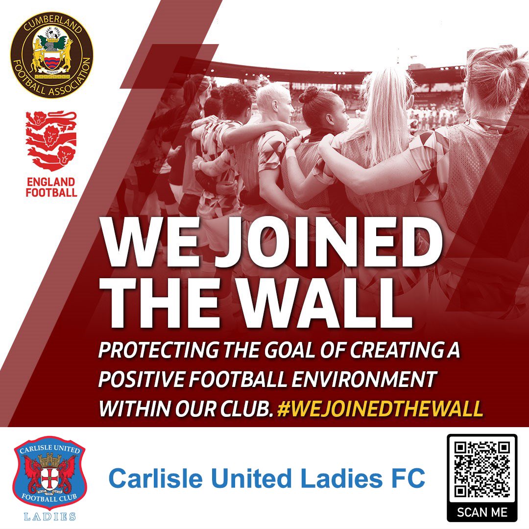 CUFCLadies's tweet photo. We’re delighted to take part in @CumberlandFA’s #JoinTheWall campaign and share our commitment to creating an environment that is safe, supportive, friendly and positive for all, as well as taking responsibility for our club’s actions and environment. #WeJoinedTheWall https://t.co/NRRcFAGaqO