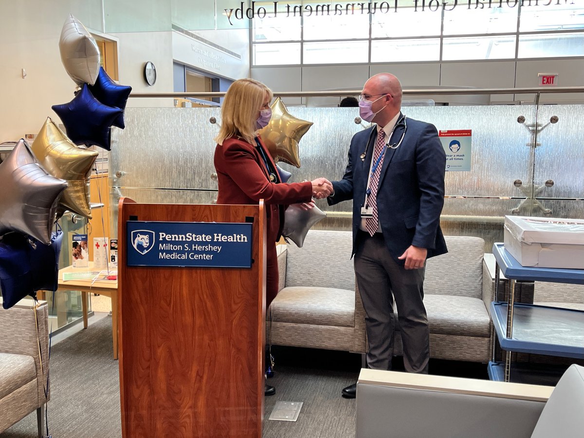 PennStHershey's tweet photo. Congratulations to Dr. @Krakszakwski, who was named Penn State Health Milton S. Hershey's Physician of the Year 🎉 Among many accolades, colleagues thanked Dr. Rakszakwski for fostering the growth of new physicians. Thank you for your commitment to care 💙 https://t.co/4ZTZzI7jDh