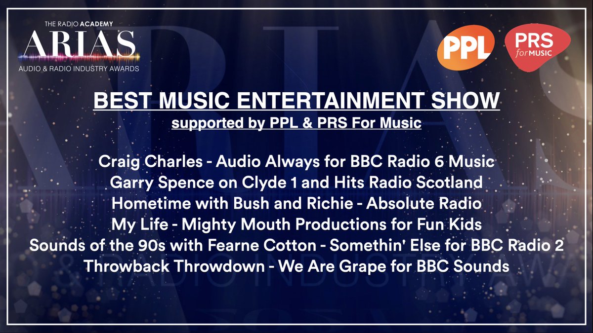 audioacademyuk's tweet photo. NOMINEES FOR BEST MUSIC ENTERTAINMENT SHOW:

Craig Charles @audioalways
Garry Spence @1025Clyde1
Hometime with Bush and Richie @absoluteradio
My Life @funkids
Sounds of the 90s with Fearne Cotton @SomethinElse
Throwback Throwdown @WeAreGrape https://t.co/DJlKQejvhT