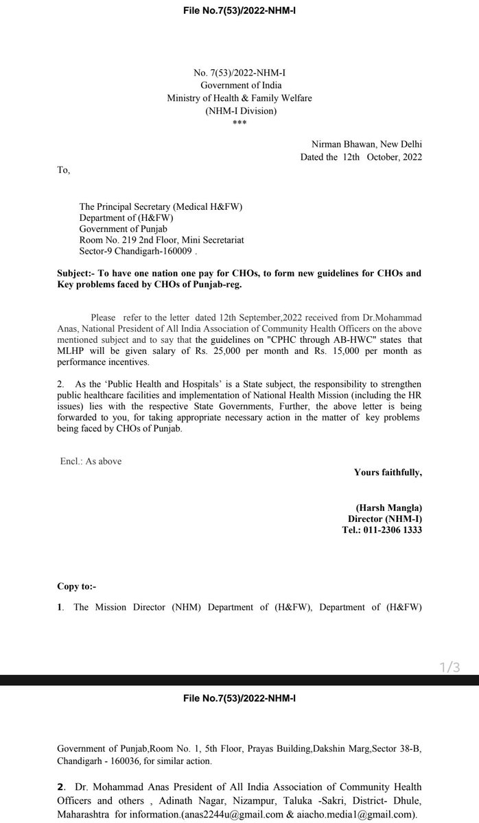 Hon'ble CM of Punjab Mr. Bhagwant Mann Sir(<a href="/BhagwantMann/">Bhagwant Mann</a>),Letter mein GOI ne spasht kaha hai jo guidline anusaar hai,Community Health Officers ki Salary 25000/- rupees per month hai.Aapke Punjab mein salary 20000/- rupees de rahe hain.Suna hai AAP party imandar hai fir aesa kiyu?