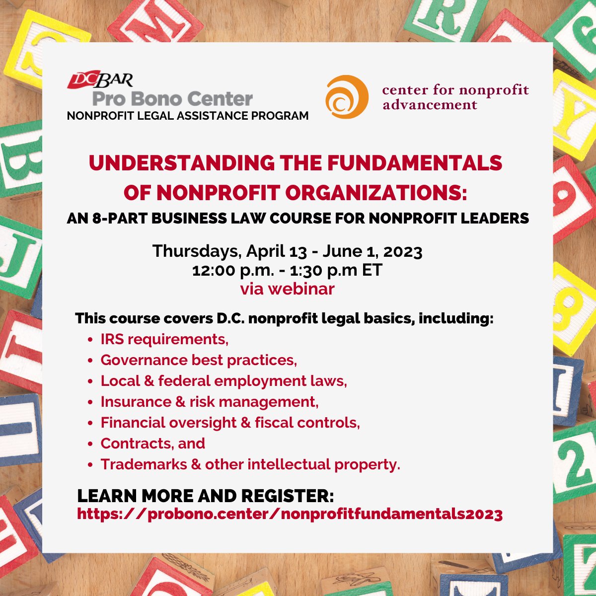 Join us on 4/13 for the start of our 8-part course for #nonprofit leaders covering the legal basics of running a nonprofit in D.C. Register now: probono.center/nonprofitfunda…