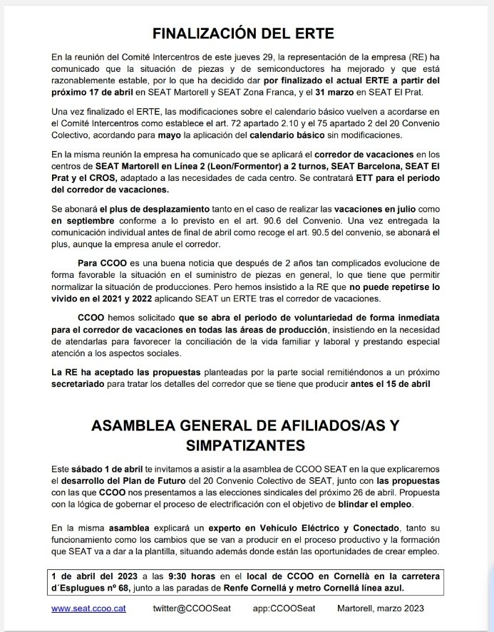 CCOOSeat's tweet image. 📢 Hoja Informativa

👉 Cambios en la gestión
      y control d partes IT a
      partir 1/4.

👉 SEAT finaliza ERTE en
      MRT y ZF el 17/4

👉 SEAT aplica corredor
      d vacaciones en MRT
      L 2, ZF, El Prat y CROS.

⬇️⬇️⬇️