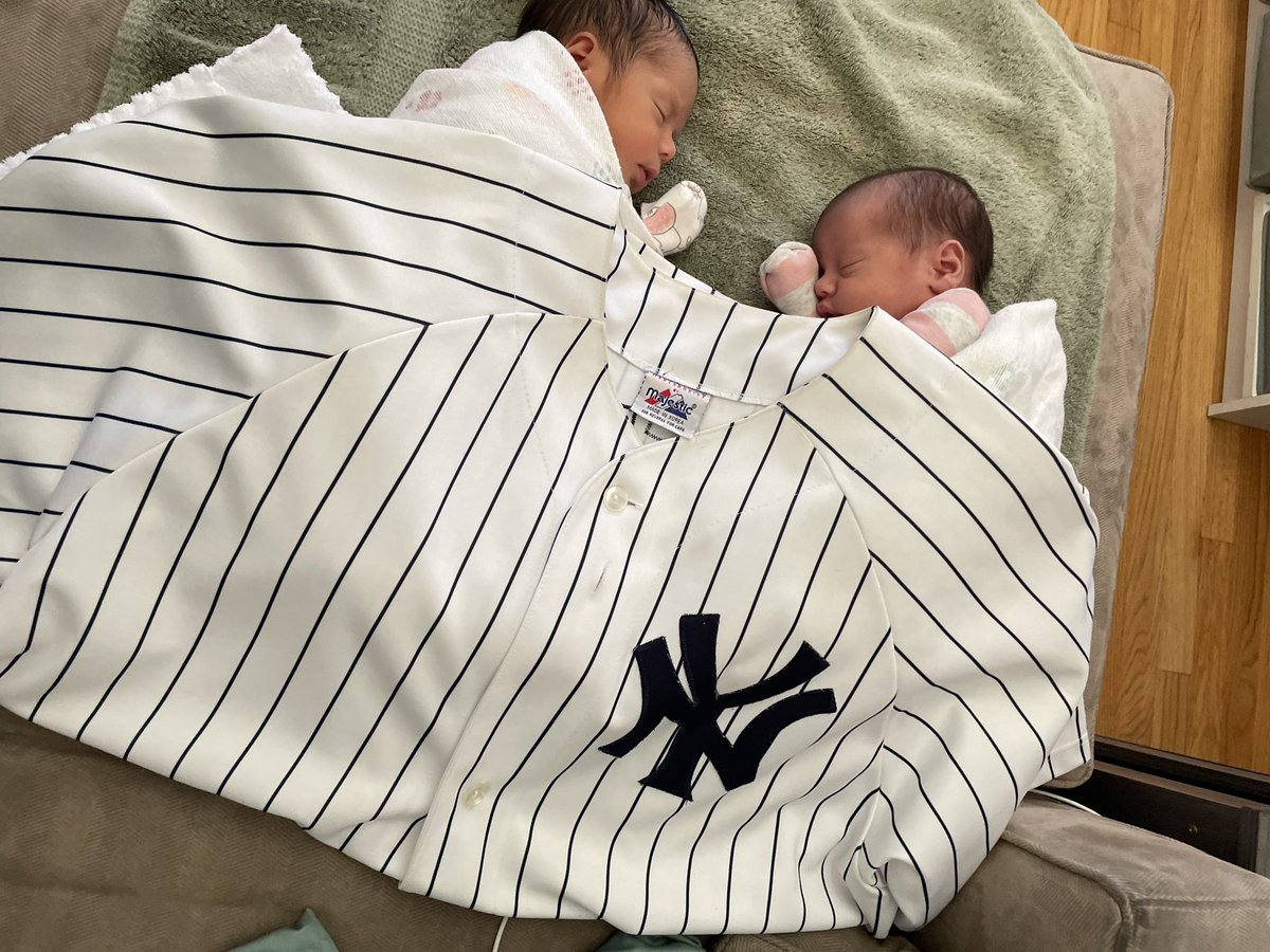 Born on March 21, 2023. Twins Brooklynn Rose and Ivy Rae wearing Dad’s #2 jersey for opening day. #OpeningDay2023 #YankeesTwitter #NewYorkYankees