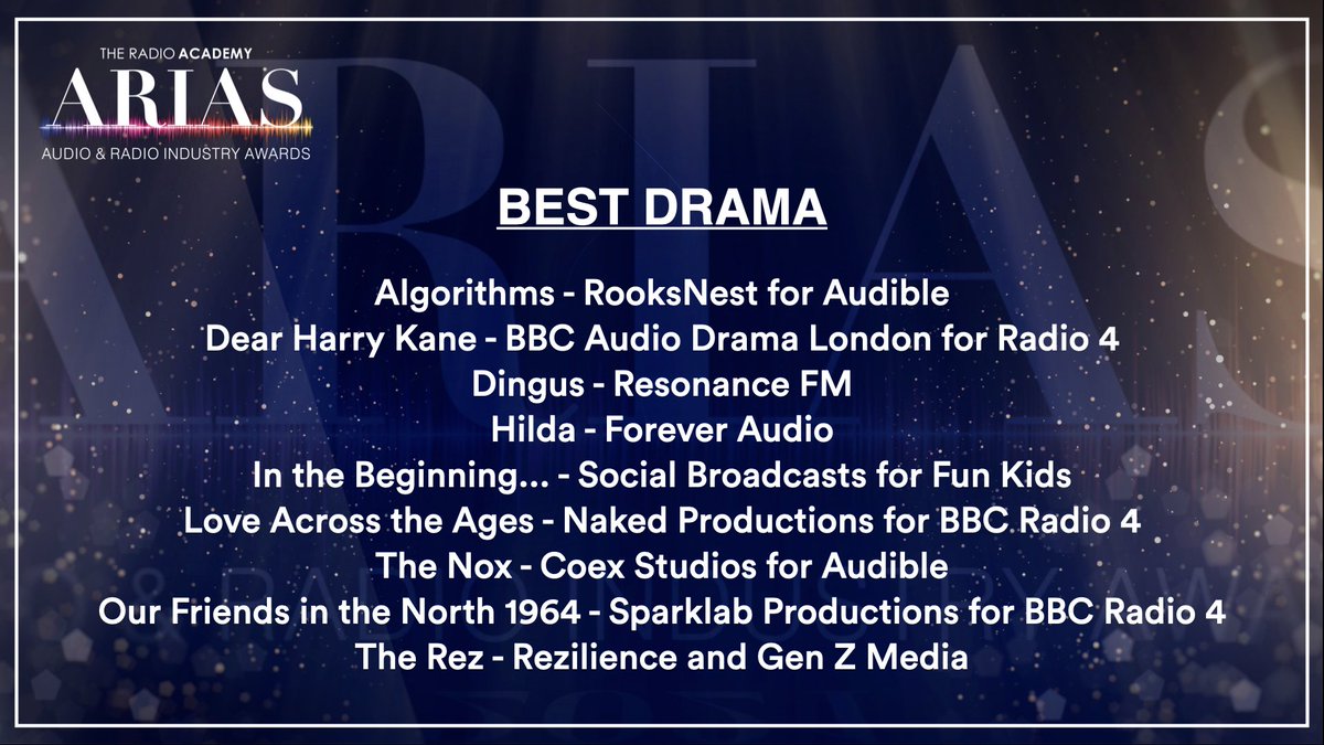 The Radio Academy (@radioacademy) on Twitter photo NOMINEES FOR BEST DRAMA:
Algorithms <a href="/audibleuk/">Audible UK 🎧</a>
Dear Harry Kane <a href="/BBCRadio4/">BBC Radio 4</a>
Dingus <a href="/ResonanceFM/">Resonance FM</a>
Hilda <a href="/TheForeverAudio/">Forever Audio</a>
In the Beginning... <a href="/SOCIALBRDCSTS/">Social Broadcasts</a> <a href="/funkids/">Fun Kids Radio</a>
Love Across the Ages <a href="/NakedProds/">Naked Productions</a>
The Nox <a href="/audibleuk/">Audible UK 🎧</a>
Our Friends in the North 1964 <a href="/SparklabProds/">Sparklab Productions</a>
The Rez <a href="/JoinTheRez/">Join the Rez</a> NOMINEES FOR BEST DRAMA:
Algorithms <a href="/audibleuk/">Audible UK 🎧</a>
Dear Harry Kane <a href="/BBCRadio4/">BBC Radio 4</a>
Dingus <a href="/ResonanceFM/">Resonance FM</a>
Hilda <a href="/TheForeverAudio/">Forever Audio</a>
In the Beginning... <a href="/SOCIALBRDCSTS/">Social Broadcasts</a> <a href="/funkids/">Fun Kids Radio</a>
Love Across the Ages <a href="/NakedProds/">Naked Productions</a>
The Nox <a href="/audibleuk/">Audible UK 🎧</a>
Our Friends in the North 1964 <a href="/SparklabProds/">Sparklab Productions</a>
The Rez <a href="/JoinTheRez/">Join the Rez</a>