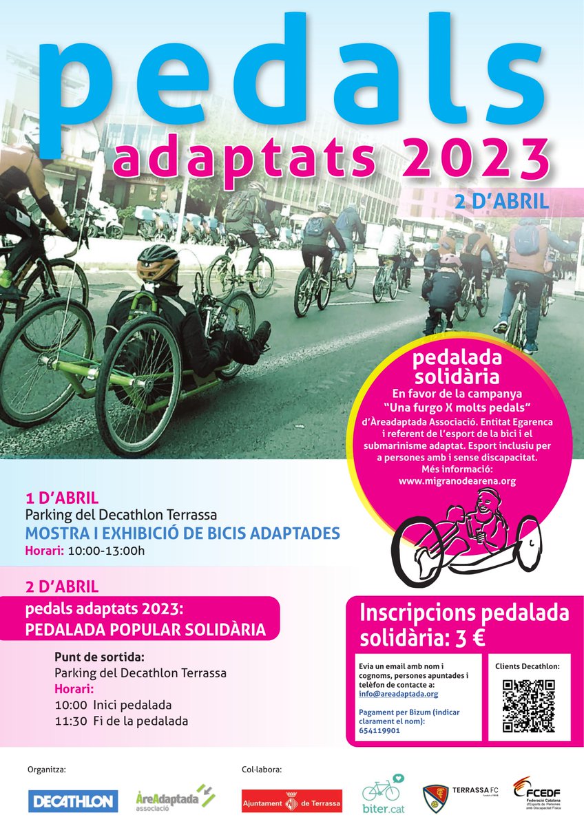 TerrassaFC's tweet photo. 😍 Aquest DIUMENGE, no et perdis els 𝗣𝗲𝗱𝗮𝗹𝘀 𝗔𝗱𝗮𝗽𝘁𝗮𝘁𝘀 2⃣0⃣2⃣3⃣!
🚲 Pedalada popular solidària a #Terrassa en favor de la campanya "Una furgo X molts pedals" de l'#AreaAdaptada!
♥ Amb la col·laboració del @TerrassaFC!
🫶 #TerrassaFCExperience https://t.co/Ds5TEbY9Ve