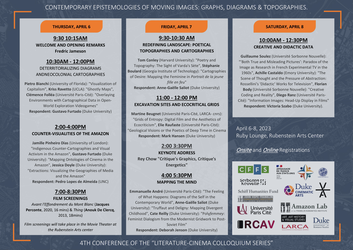 DukeRomanceSt's tweet photo. Join us April 6-8 for the 4th conference of the “Literature-Cinema Colloquium Series”, "Contemporary Epistemologies of Moving Images: Graphs, Diagrams and Topographies," that will take place online and in person at Duke University. https://t.co/L8ykHO6wpi