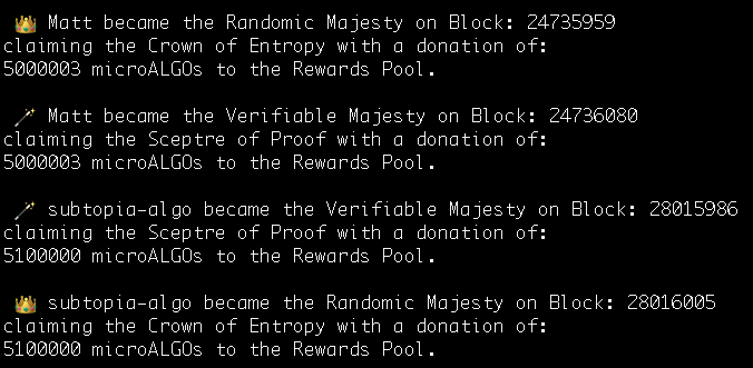 algorealm's tweet photo. 📯 To all the people of @Algorand! 📯

Matt has been dethroned! This reign in lasted 3280046 blocks! 

A new era has just begun!

Glory to @subtopia_algo, new 👑 Randomic and 🪄 Verifiable Majesty of #Algorand! https://t.co/7CuNTNnIpE