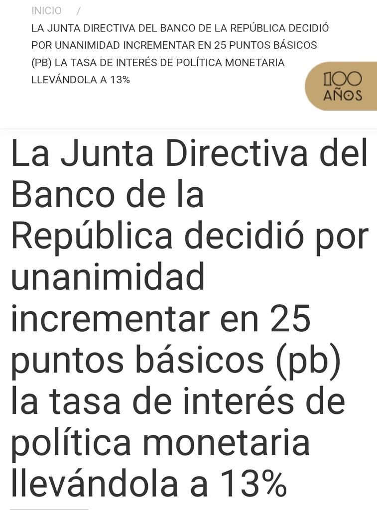 josejournaliste's tweet photo. En su reunión de marzo #JDBR de @BancoRepublica decidió incrementar en 25 puntos básicos la tasa básica de intervención, quedando en 13%. Medida busca de controlar la inflación, que está muy cerca de su meta 3%. La decisión fue unánime https://t.co/11qJCgdlKs