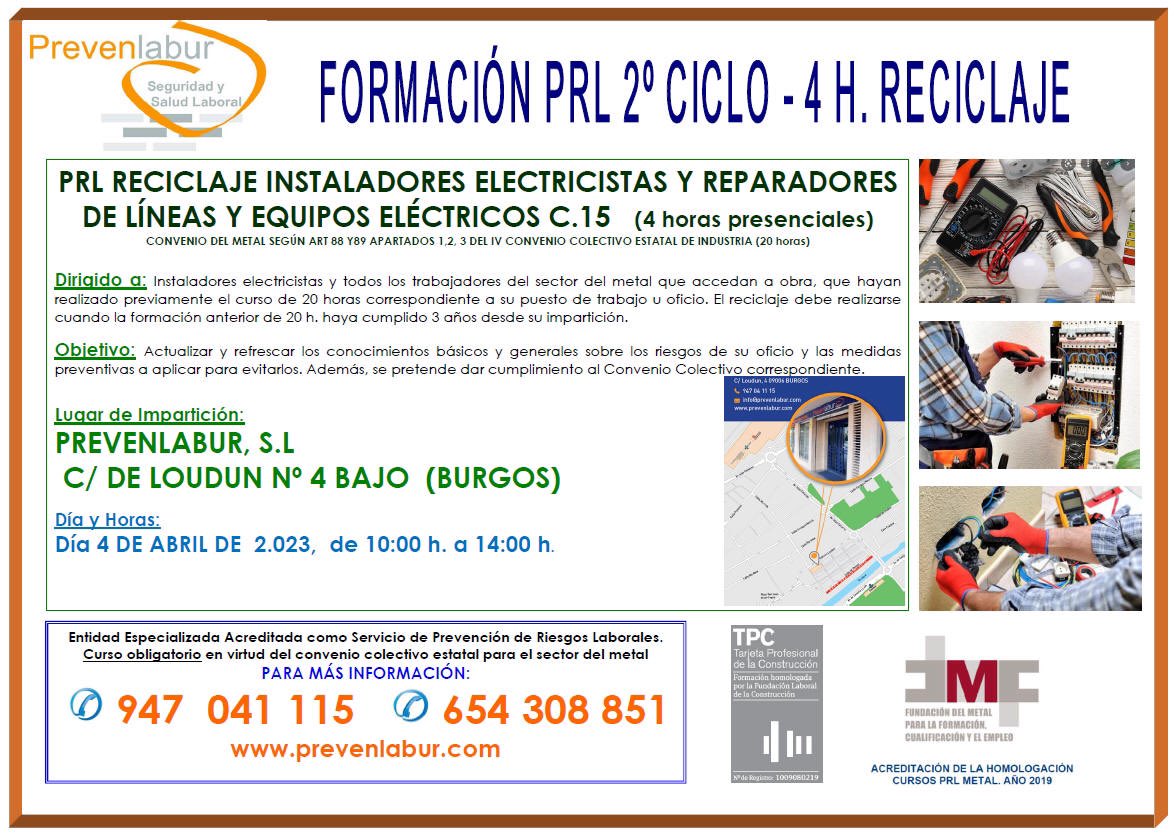 Prevenlabur's tweet photo. TODO PREPARADO PARA UN NUEVO CURSO PRL DE SEGUNDO CICLO (RECICLAJE) EN LA ESPECIALIDAD "INSTALADORES ELECTRICISTAS Y REPARADORES DE LÍNEAS Y EQUIPOS ELÉCTRICOS ” (4 H. PRESENCIALES). MÁS INFORMACIÓN EN LOS TELÉFONOS 947 041 115 Y 654 308 851. https://t.co/WyZ6LnjSKK