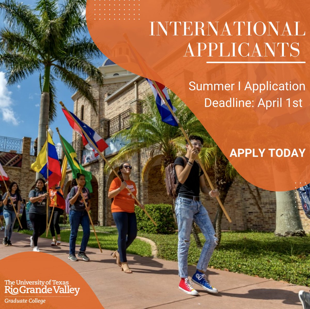 Calling all international applicants 📣 

Summer I Application deadline for most programs is approaching, submit your application by April 1st!

Apply today: utrgv.edu/gradapply
