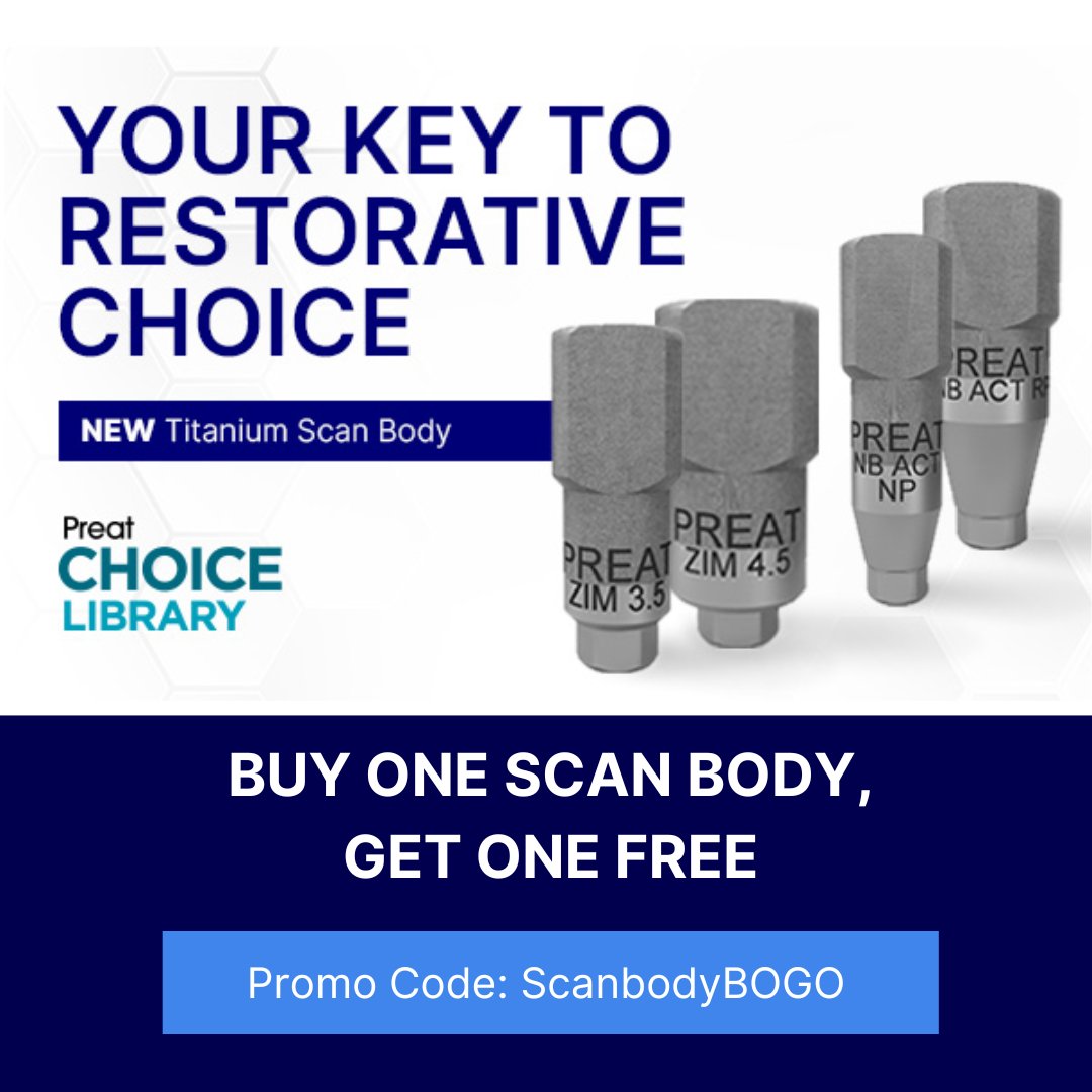 Now is your last chance! Don't miss out on this special offer ending tomorrow: Buy 1 Scan Body, Get 1 Ti-Base Free! Use Promo: ScanbodyBOGO 

#preatcorporation #dental #dentist #dentalimplants #dentistrylife #dentaltechnician #prosthodontics