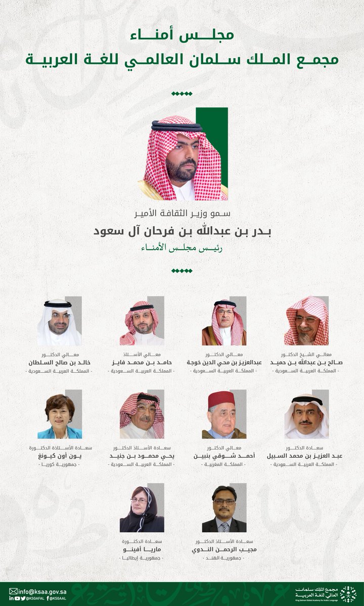 بناءً على الأمر السامي الكريم:
تعيين مجلس أمناء المجمع برئاسة صاحب السمو الأمير بدر بن عبدالله بن فرحان آل سعود -وزير الثقافة-. #مجمع_الملك_سلمان_العالمي_للغة_العربية