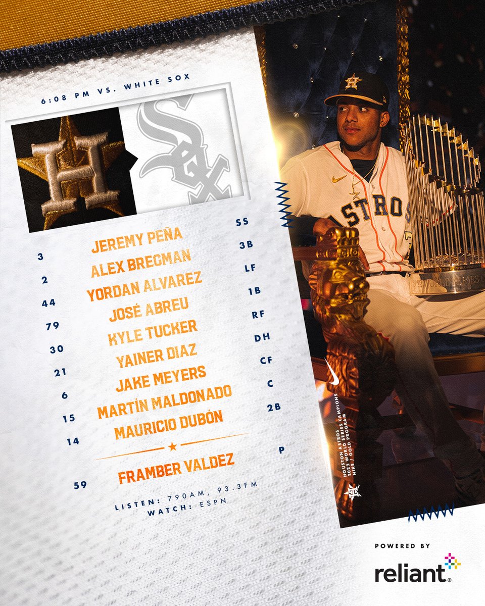 The #OpeningDay lineup.

🕕: 6:08 PM
🏟: Closed
📺: <a href="/espn/">ESPN</a> 
📻: <a href="/SportsTalk790/">SportsTalk 790</a> | Spanish: 93.3 FM

#Ready2Reign x <a href="/reliantenergy/">reliantenergy</a>