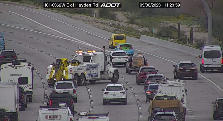 ArizonaDOT's tweet photo. Loop 101 Pima westbound near Hayden: A crash is blocking multiple lanes.

#Loop101 #phxtraffic https://t.co/aPh67tqBUF