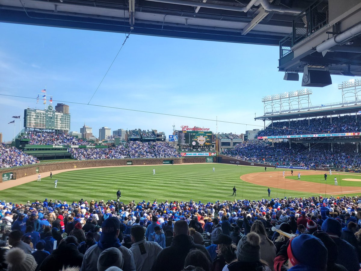 kvhickey's tweet photo. The 2023 Chicago Cubs taking the field for the home opener at Wrigley. Happy Baseball!!! 🤘 https://t.co/zzn2bMA6yW