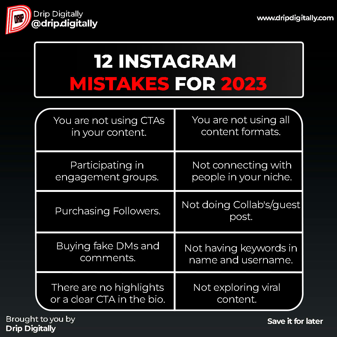 Here are 12 Instagram mistakes to avoid in 2023.
.
✅ Follow me @dripdigitally  for more tips like this!
.
#instagrammistakes #instagramtips #socialmediamarketing #socialMediatips #digitalmarketing #onlinemarketing #contentmarketing #instagramstrategy #instagramcontent