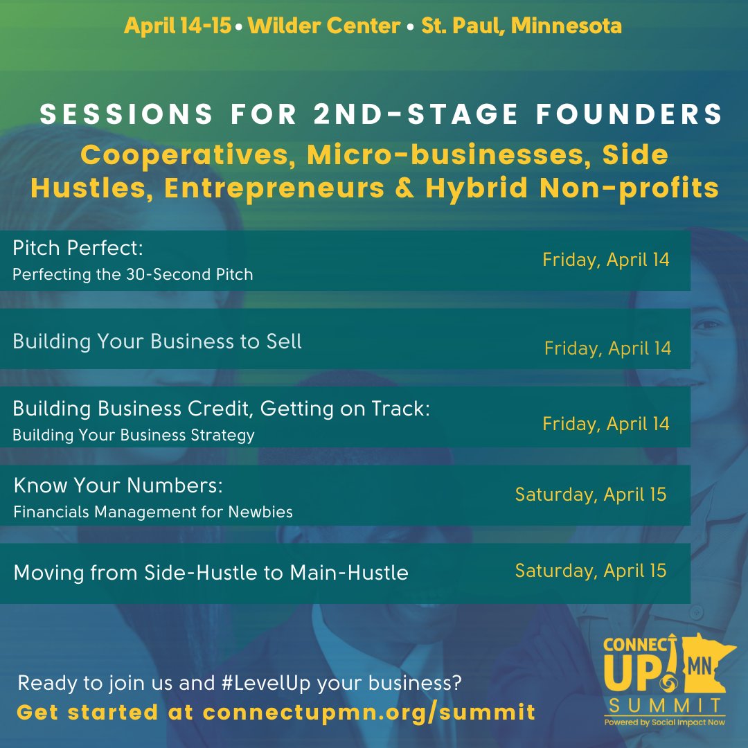 The ConnectUP! Summit is TWO WEEKS away, learn how to pitch your business, manage your numbers, build your credit and #LevelUp as a founder with our array of sessions led by industry experts. Want to get in on the action? Secure your spot at connectupmn.org/summit!