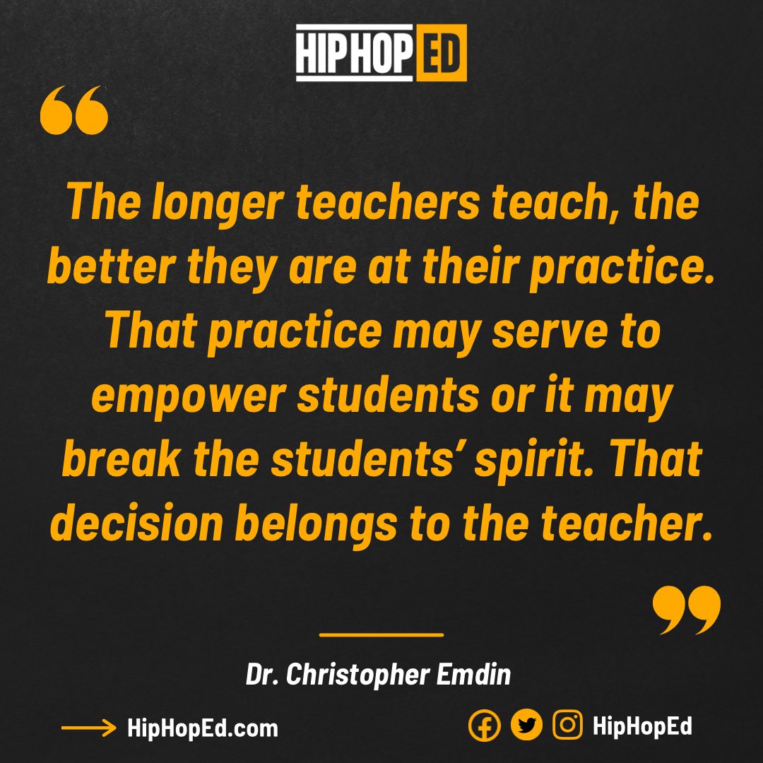 TheRealHipHopEd's tweet image. 🔥🎤 Lather, Rinse, Repeat 🎤🔥

“... That practice may serve to empower students, or it may break the students’ spirit. That decision belongs to the teacher.”
- HHE’s Dr. @ChrisEmdin
#DecisionsDecisions #TheWork #HipHopEd #TeachLiketheWorldisonFire ❤️‍🔥