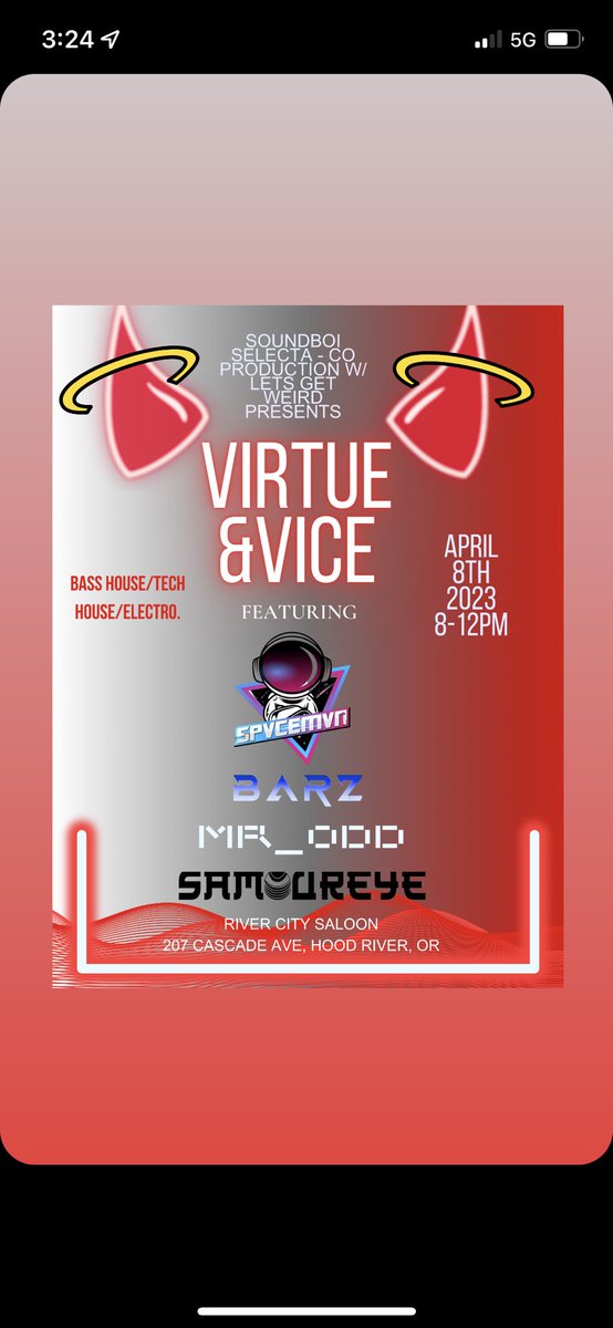 IMVSPVCEMVN's tweet photo. ALL HOOD RIVER PARTY PEOPLE. Bring those vibes, naughty or nice 😈 This April 8th from 8-Midnight @ River City Saloon. Let’s bring some heat to the Gorge area 🚀 DM for more details regarding information for the show. #ClearForTakeoff🚀 https://t.co/pKD3LCMrbI