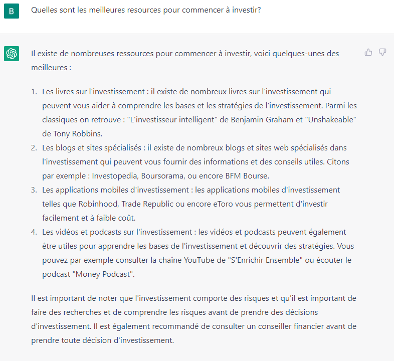 BenChapInvest's tweet photo. Et qu'on ne vienne plus me dire "Je n'investis pas car je ne sais pas par où commencer."

Vous n'avez plus d'excuses 😁
(c'est encore plus simple, mais beaucoup plus aléatoire, que Google)

1/5

#ChatGPT https://t.co/BLU8T8J833