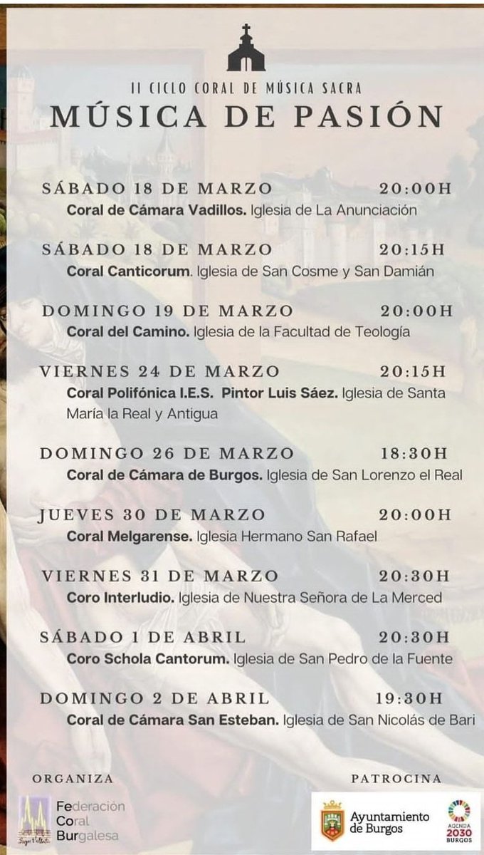 Nuevo concierto!!!!!
Música de pasión. El 31 de marzo en la Iglesia de nuestra señora de la Merced en #Burgos a las 20:30. Organiza el <a href="/Aytoburgos/">Ayuntamiento de Burgos</a> y <a href="/fecobur/">Federación Coral Burgalesa</a>