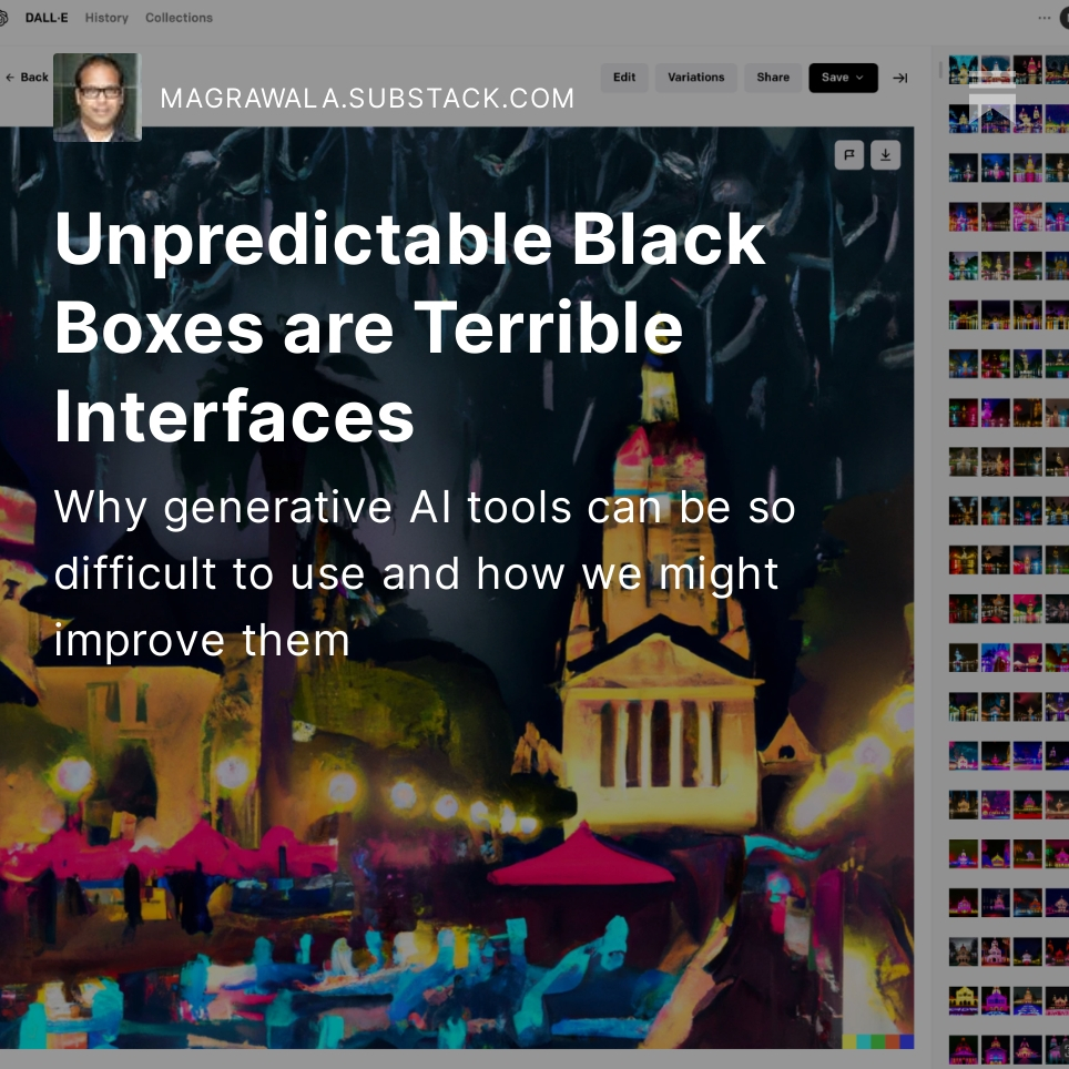 Maneesh Agrawala (@magrawala) on Twitter photo Generative AI tools are amazing and also incredibly frustrating to use. Why?   I finally wrote down a few thoughts on this: 
magrawala.substack.com/p/unpredictabl… Generative AI tools are amazing and also incredibly frustrating to use. Why?   I finally wrote down a few thoughts on this: 
magrawala.substack.com/p/unpredictabl…