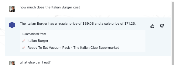 And when I ask how much a burger costs it answers all of them perfectly