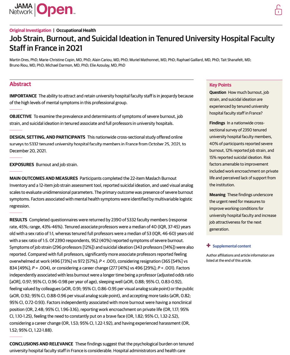 Publication dans @JAMANetwork d'une vaste enquête sur l'état psychologique des hospitalo-universitaires 🇫🇷 Symptômes de : - Burn Out sévère 40% - Idées suicidaires 14% 41% des MCUPH/29% des PUPH déclarent envisager un changement de carrières ! On attend quoi pour réagir ???