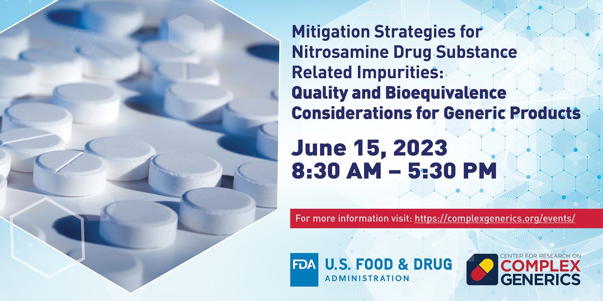 Center for Research on Complex Generics (CRCG) (@complexgenerics) on Twitter photo Join the FDA and the Center for Research on Complex Generics, in-person or online, for the “Mitigation Strategies for Nitrosamine Drug Substance Related Impurities: Quality and Bioequivalence Considerations for Generic Products” workshop on June 15, 2023, complexgenerics.org/NDSRIs_mitigat… Join the FDA and the Center for Research on Complex Generics, in-person or online, for the “Mitigation Strategies for Nitrosamine Drug Substance Related Impurities: Quality and Bioequivalence Considerations for Generic Products” workshop on June 15, 2023, complexgenerics.org/NDSRIs_mitigat…