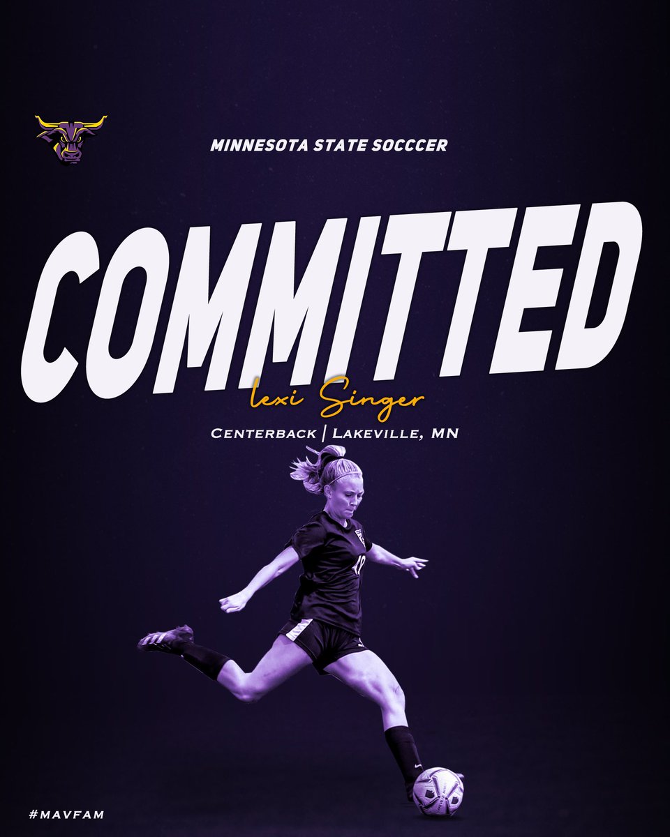 LexiKSinger's tweet photo. I’m so excited to announce my commitment to play DII soccer at Minnesota State University-Mankato. Can’t want to be a Maverick!! 💜💛 
#mavfam @MinnStSoccer @TonkaFusionMN @LnhsGirls https://t.co/ncebK5f4a1