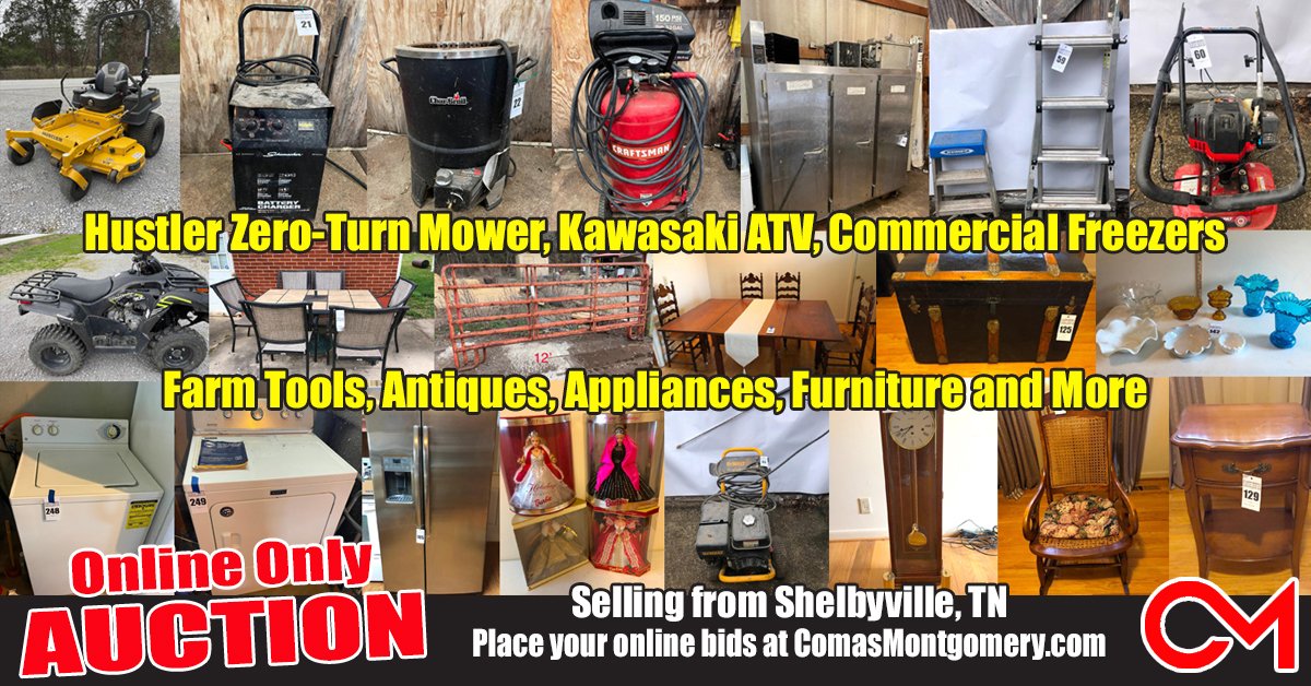 ComasMontgomery's tweet image. Online #AUCTION ends #April18th #ZeroTurnMower #ATV #Tools Commercial #Freezers #Antiques #Furniture and More #ForSale from #Shelbyville TN - CLICK HERE TO PLACE BIDS: bit.ly/3TWluOO