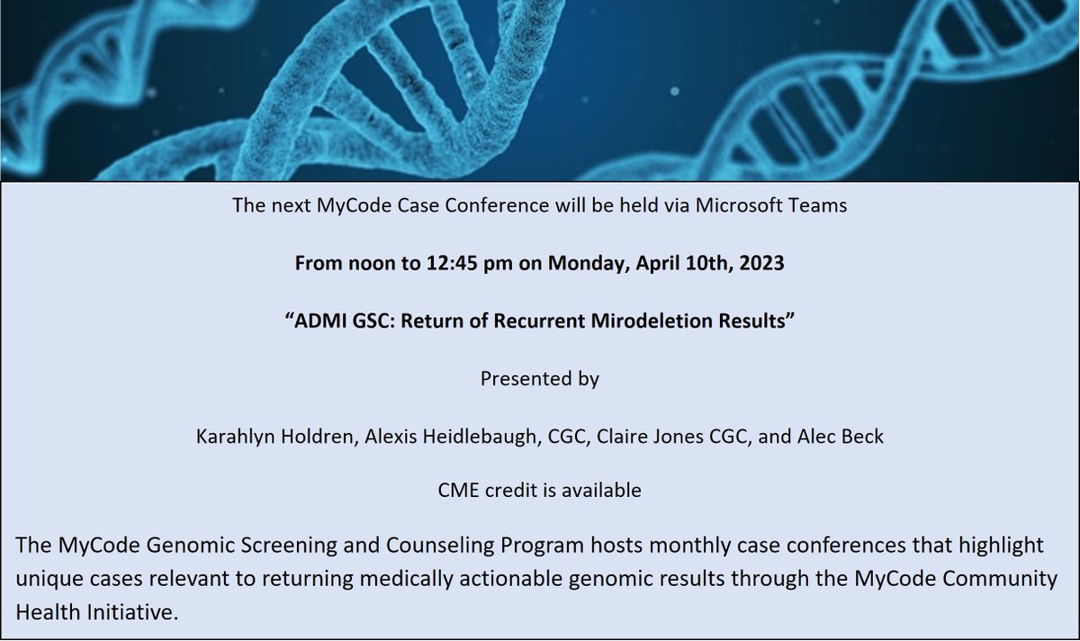 Don't miss next month's MyCode Case Conference on April 10th. For more information, or to be added to the invite list, please contact Sharon Klinger at saklinger1@geisinger.edu. <a href="/GeisingerADMI/">Geisinger ADMI</a>