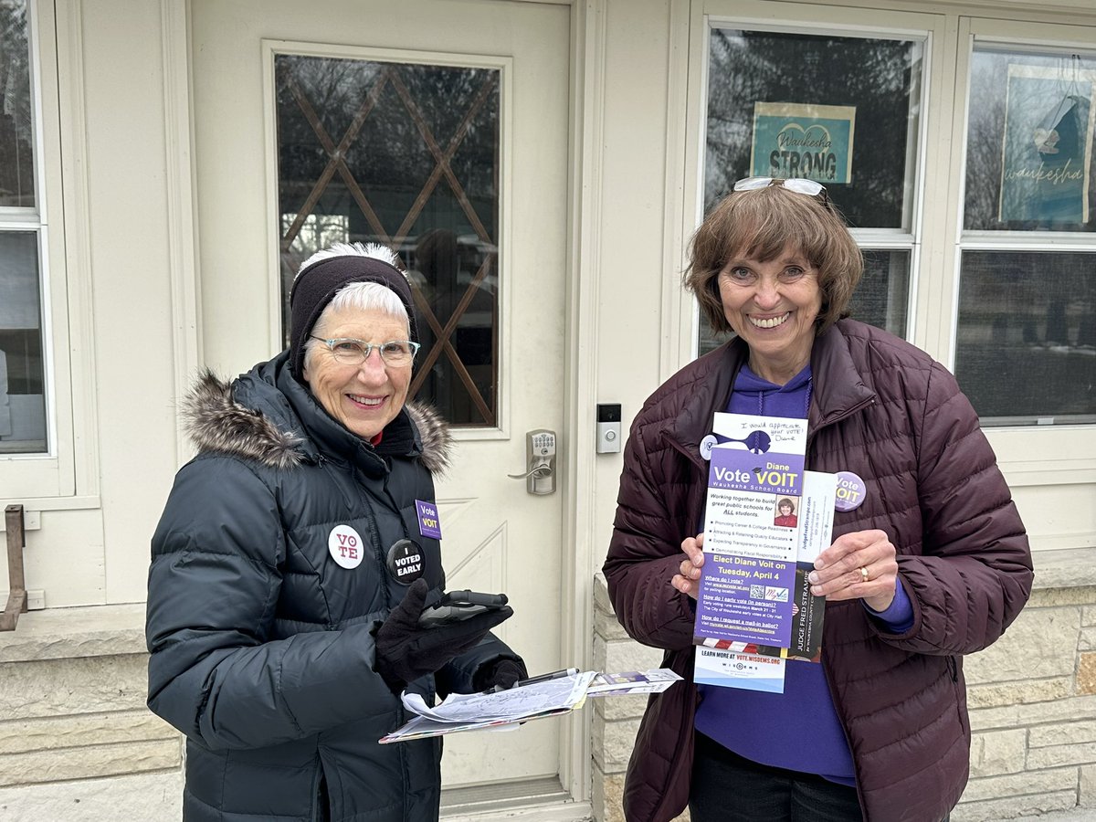 deevoit's tweet photo. Knocking on doors today in Waukesha with Bev Bradford. She is a poll worker who recommends voting early today or Friday. Have you voted in the April 4 election? Please do! EVERY vote matters! #VoteVoit #VoteApril4 https://t.co/NhUM1zjel5