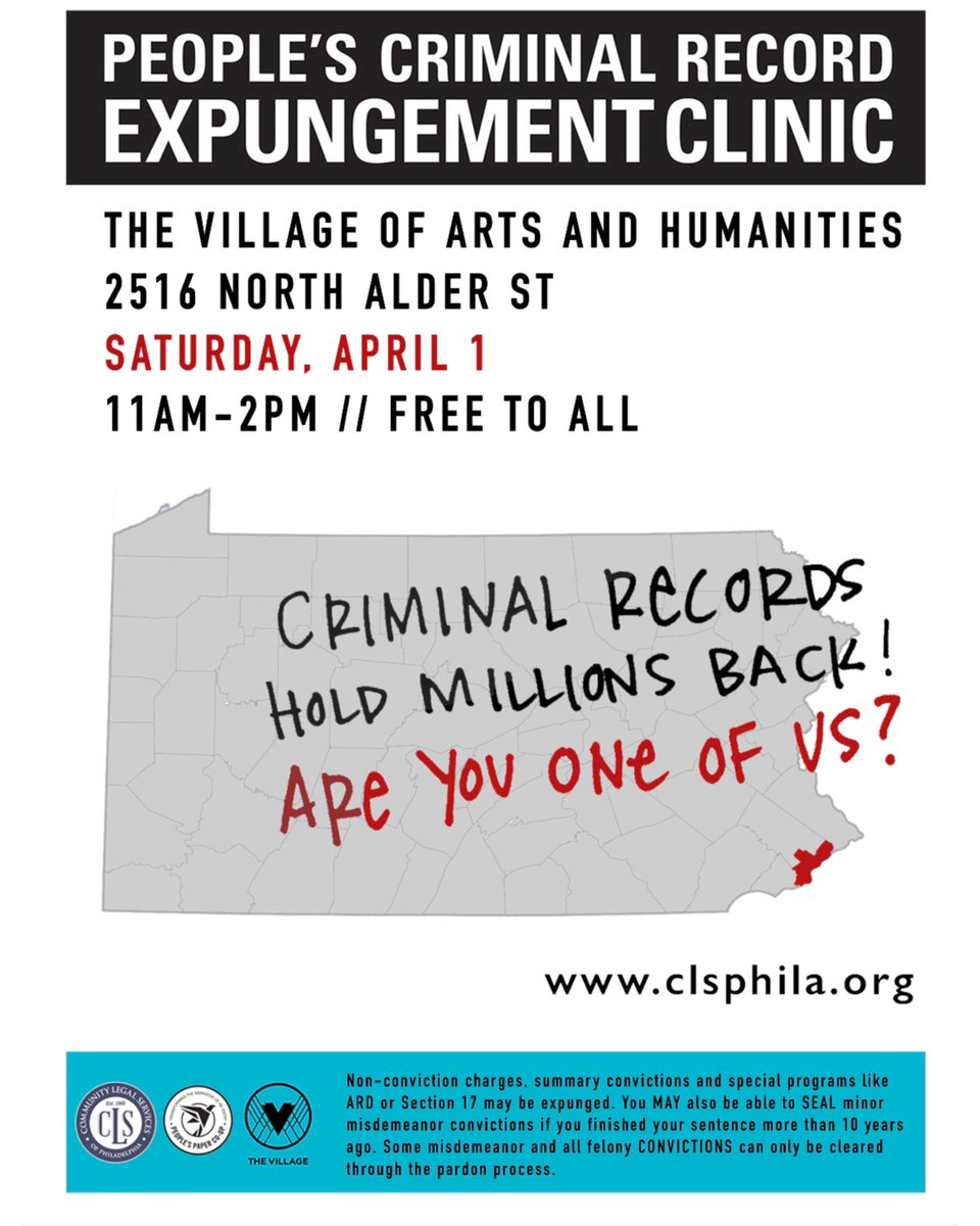 Villagephilly's tweet photo. 📣We have a free #resourcealert to share!

Join The Village, #peoplespapercoop, + @clsphila, tomorrow, April 1, from 11 a.m. to 2 p.m. for an expungement and criminal record clearing clinic.

We’ll have legal experts who can help you stop your record from holding you back! https://t.co/jQ8exeaLmE