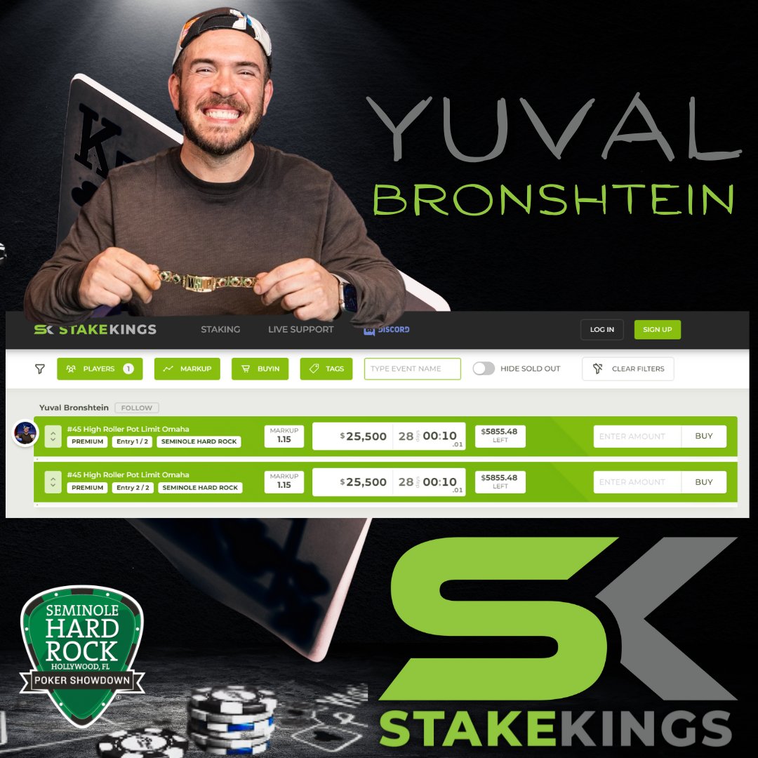 New packages for Seminole Hard Rock Event #45 $25,500 High Roller PLO from <a href="/Yuvee04/">Yuval Bronshtein</a> just went up on StakeKings.com! Grab your piece below &amp; stop missing out, good luck to Yuval &amp; all backers!

Get it here: stakekings.com/player/Yuvee04