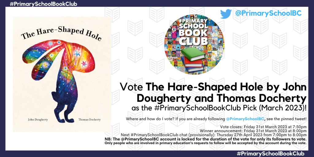 Absolutely DELIGHTED that The Hare-Shaped Hole is included in the #PrimarySchoolBookClub March 2023 vote this evening! 🐢🐇

Please vote for us by going to @PrimarySchoolBC and  using the pinned tweet. @TDIllustration & I would be very grateful for your support. Thanks!