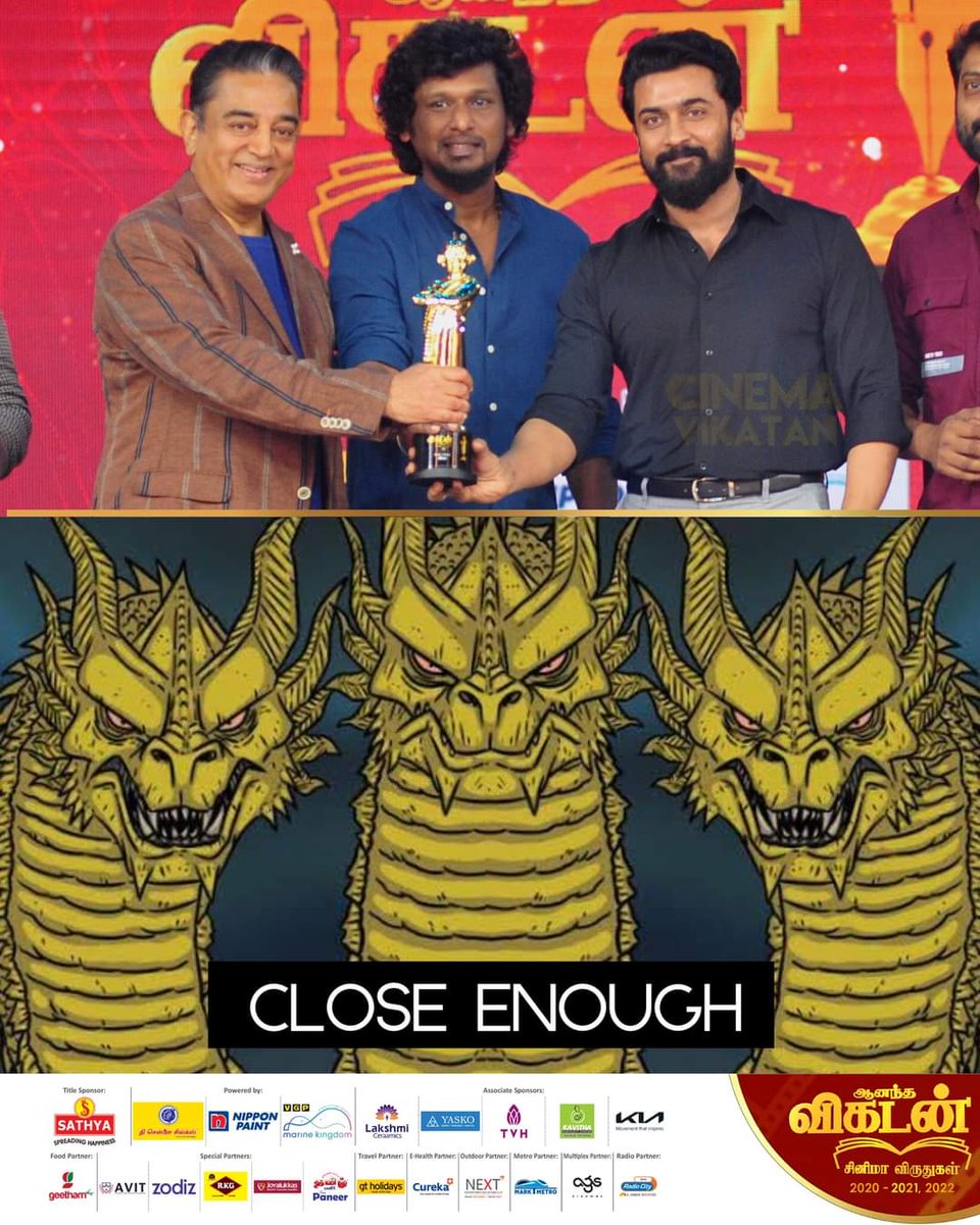CinemaVikatan's tweet photo. Fire reacts only! 💥

#KamalHaasan | #Suriya | #LokeshKanagaraj | #VikatanAwards https://t.co/yK3efEDCfh