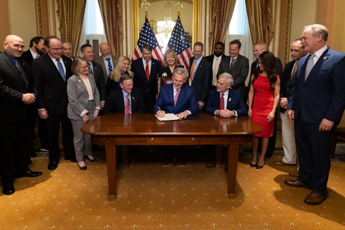 SpeakerMcCarthy's tweet photo. The COVID pandemic is over. You know it. President Biden even admitted it. And now, I just signed legislation to repeal the national COVID emergency.

President Biden must sign it immediately. It’s well past time to return to normal. https://t.co/U83Adqzm2D